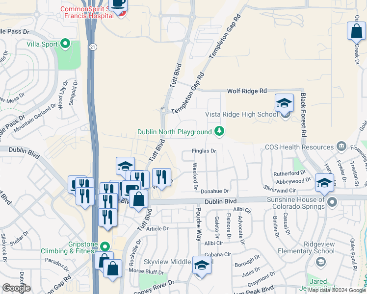 map of restaurants, bars, coffee shops, grocery stores, and more near 6074 Finglas Drive in Colorado Springs