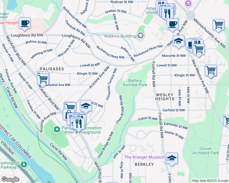 map of restaurants, bars, coffee shops, grocery stores, and more near 2950 Chain Bridge Road Northwest in Washington