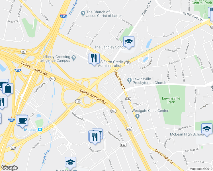 map of restaurants, bars, coffee shops, grocery stores, and more near 7353 Eldorado Court in McLean