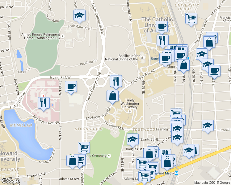 map of restaurants, bars, coffee shops, grocery stores, and more near 229 Michigan Avenue Northeast in Washington