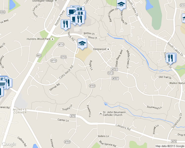 map of restaurants, bars, coffee shops, grocery stores, and more near 2416 Bugle Lane in Reston