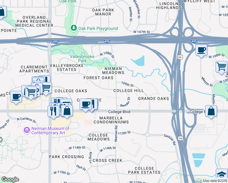 map of restaurants, bars, coffee shops, grocery stores, and more near 11111 West 109th Street in Overland Park
