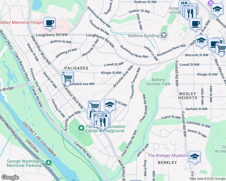 map of restaurants, bars, coffee shops, grocery stores, and more near 2939 Arizona Avenue Northwest in Washington