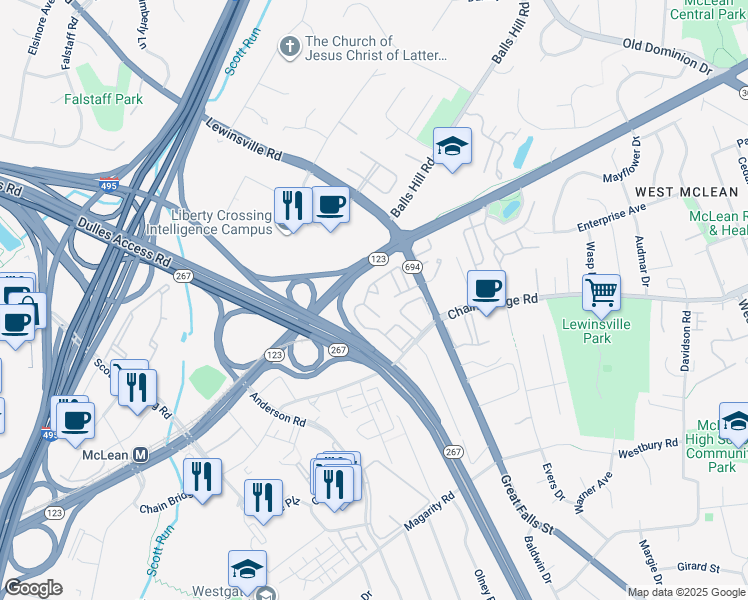 map of restaurants, bars, coffee shops, grocery stores, and more near 7353 Eldorado Court in McLean