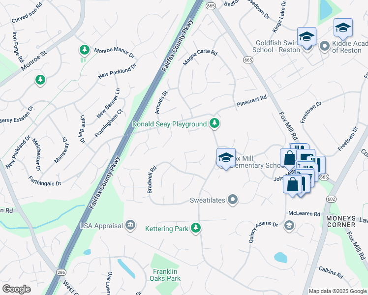 map of restaurants, bars, coffee shops, grocery stores, and more near 2601 Claxton Drive in Herndon