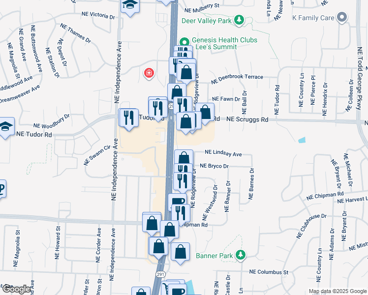 map of restaurants, bars, coffee shops, grocery stores, and more near 921 Northeast Rice Road in Lee's Summit