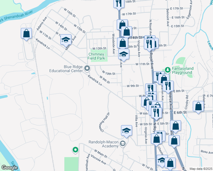 map of restaurants, bars, coffee shops, grocery stores, and more near 343 Kendrick Lane in Front Royal