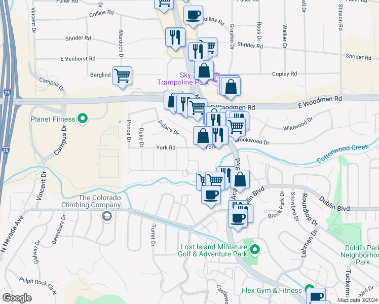 map of restaurants, bars, coffee shops, grocery stores, and more near 6737 Palace Drive in Colorado Springs