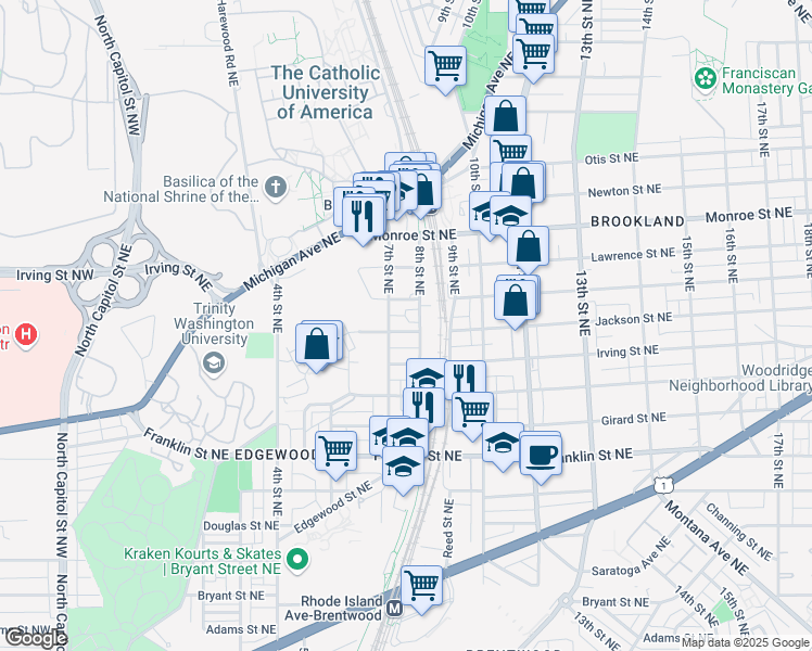 map of restaurants, bars, coffee shops, grocery stores, and more near 716 Jackson Street Northeast in Washington