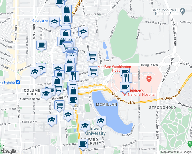 map of restaurants, bars, coffee shops, grocery stores, and more near 449 Irving Street Northwest in Washington
