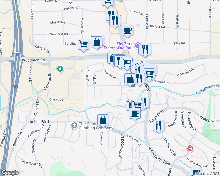 map of restaurants, bars, coffee shops, grocery stores, and more near 6735 Knight Drive in Colorado Springs
