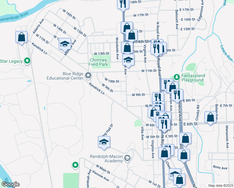 map of restaurants, bars, coffee shops, grocery stores, and more near 326 West 9th Street in Front Royal