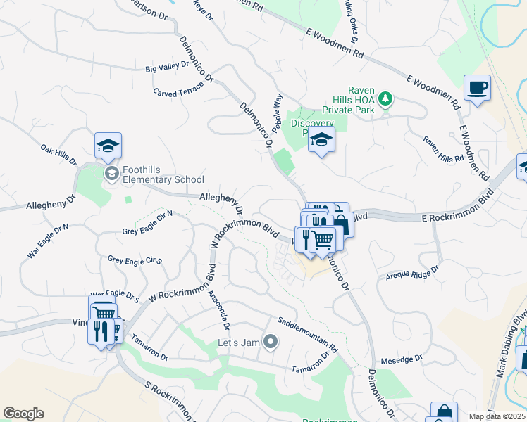 map of restaurants, bars, coffee shops, grocery stores, and more near 424 West Rockrimmon Boulevard in Colorado Springs