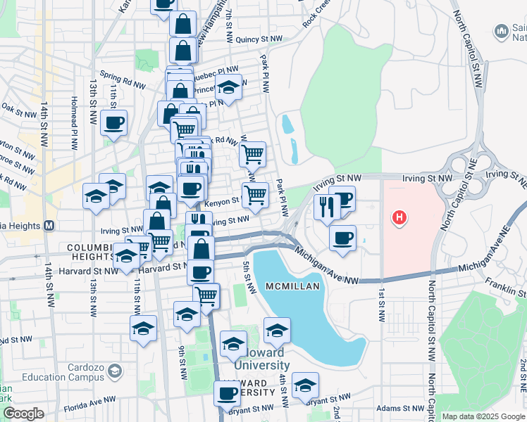 map of restaurants, bars, coffee shops, grocery stores, and more near 449 Irving Street Northwest in Washington