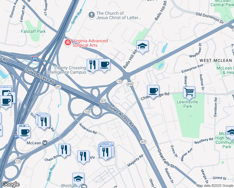 map of restaurants, bars, coffee shops, grocery stores, and more near 7357 Eldorado Court in McLean