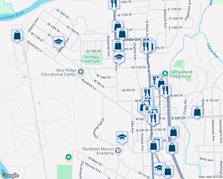map of restaurants, bars, coffee shops, grocery stores, and more near 842 North Shenandoah Avenue in Front Royal