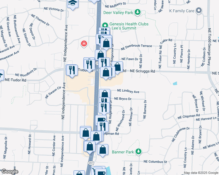 map of restaurants, bars, coffee shops, grocery stores, and more near 1008 Northeast Lindsay Avenue in Lee's Summit