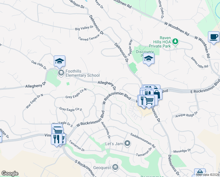 map of restaurants, bars, coffee shops, grocery stores, and more near 425 Allegheny Drive in Colorado Springs