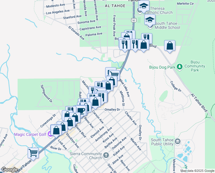 map of restaurants, bars, coffee shops, grocery stores, and more near in South Lake Tahoe