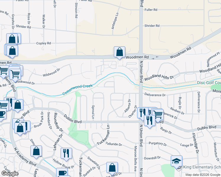 map of restaurants, bars, coffee shops, grocery stores, and more near 2587 Integrity Court in Colorado Springs