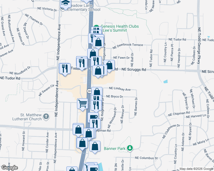 map of restaurants, bars, coffee shops, grocery stores, and more near 1008 Northeast Lindsay Avenue in Lee's Summit