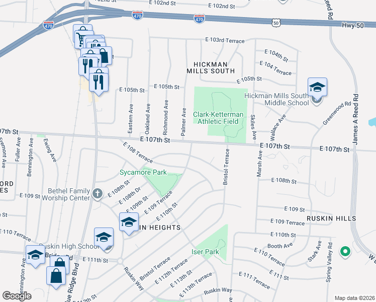map of restaurants, bars, coffee shops, grocery stores, and more near 7610 East 108th Street in Kansas City