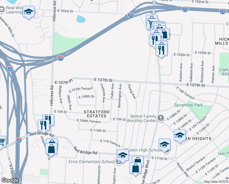 map of restaurants, bars, coffee shops, grocery stores, and more near 10712 Bennington Avenue in Kansas City