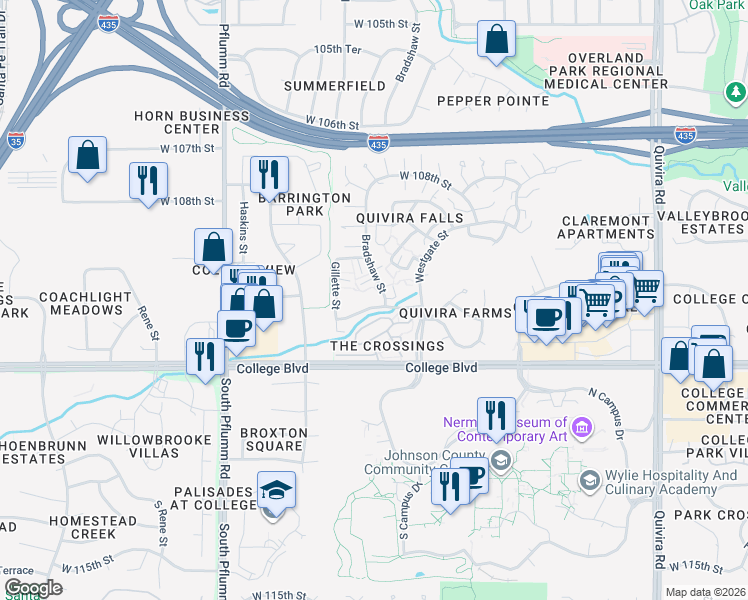 map of restaurants, bars, coffee shops, grocery stores, and more near 12900 West 110th Street in Overland Park