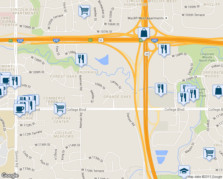 map of restaurants, bars, coffee shops, grocery stores, and more near 10700 West 109th Street in Overland Park