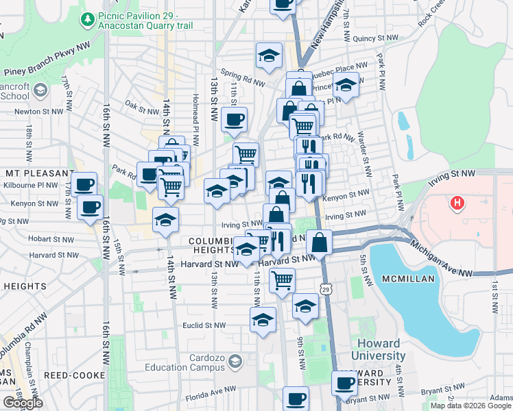 map of restaurants, bars, coffee shops, grocery stores, and more near 1028 Kenyon Street Northwest in Washington