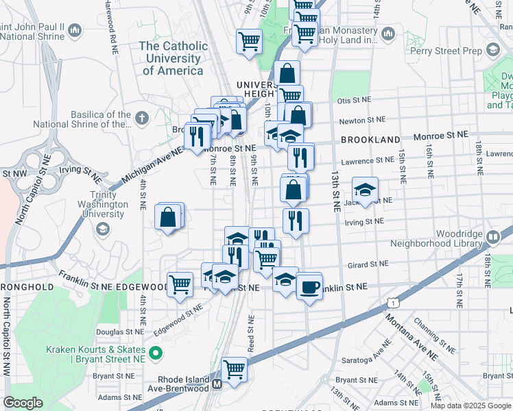 map of restaurants, bars, coffee shops, grocery stores, and more near 900 Jackson Street Northeast in Washington