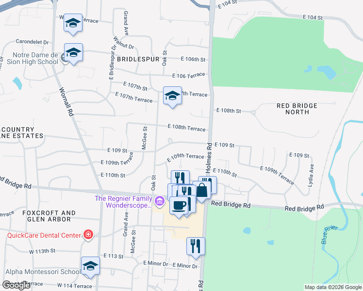 map of restaurants, bars, coffee shops, grocery stores, and more near 509 East 109th Street in Kansas City
