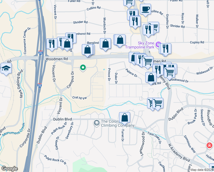 map of restaurants, bars, coffee shops, grocery stores, and more near 6762 Prince Drive in Colorado Springs