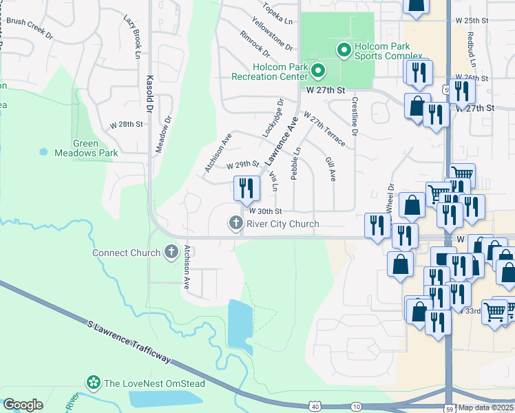 map of restaurants, bars, coffee shops, grocery stores, and more near 3012 West 30th Street in Lawrence