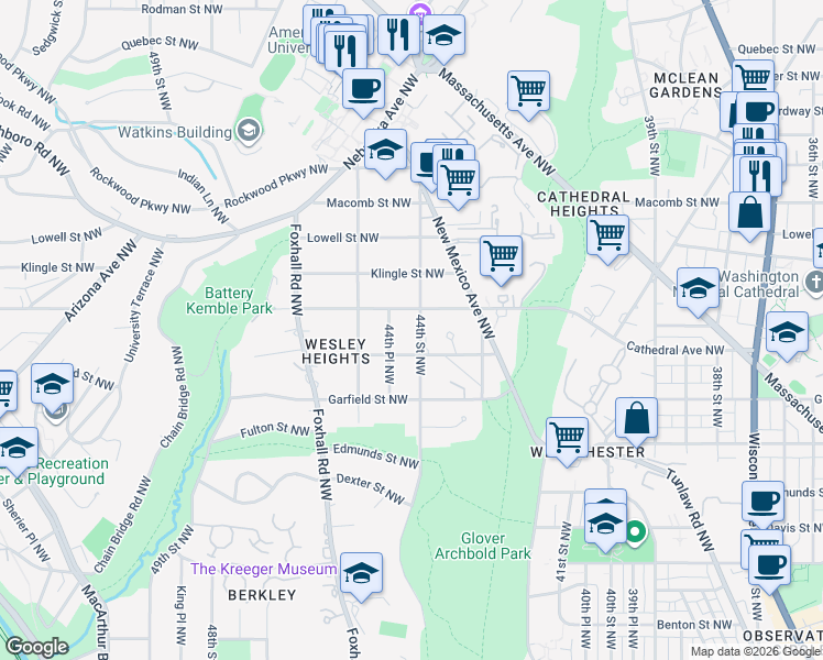 map of restaurants, bars, coffee shops, grocery stores, and more near 3024 44th Street Northwest in Washington
