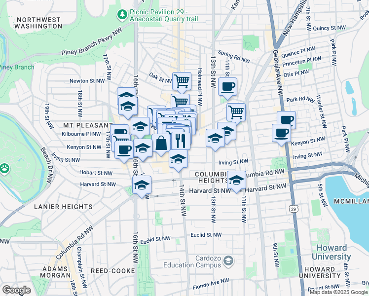 map of restaurants, bars, coffee shops, grocery stores, and more near 1390 Kenyon Street Northwest in Washington