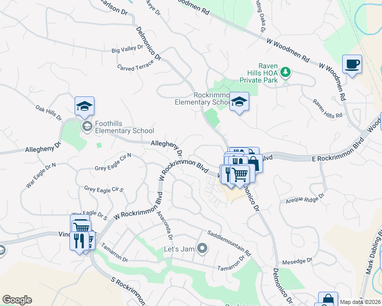 map of restaurants, bars, coffee shops, grocery stores, and more near 488 West Rockrimmon Boulevard in Colorado Springs