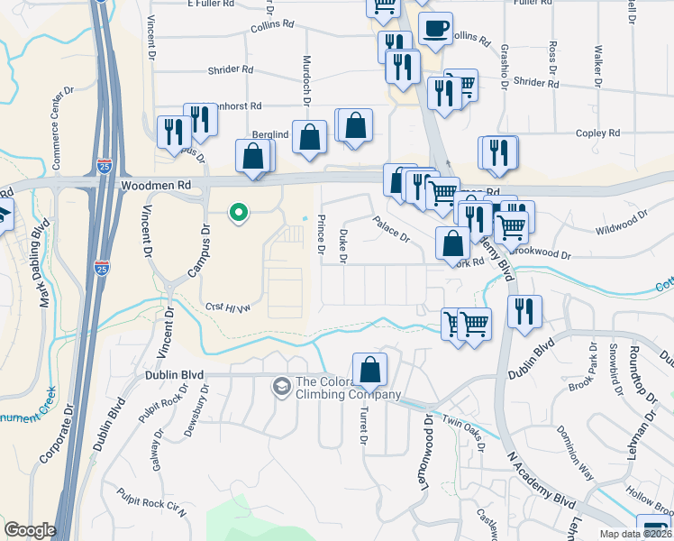 map of restaurants, bars, coffee shops, grocery stores, and more near 1263 York Road in Colorado Springs