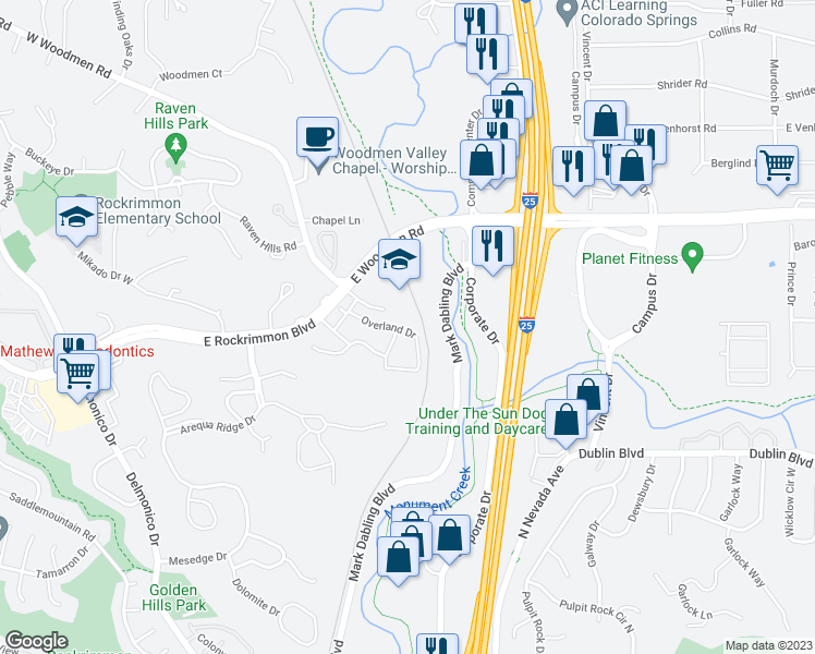 map of restaurants, bars, coffee shops, grocery stores, and more near 6711 Overland Drive in Colorado Springs