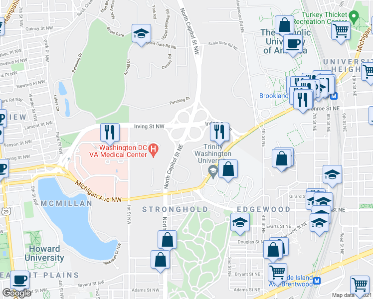 map of restaurants, bars, coffee shops, grocery stores, and more near 116 Cloisters in Washington