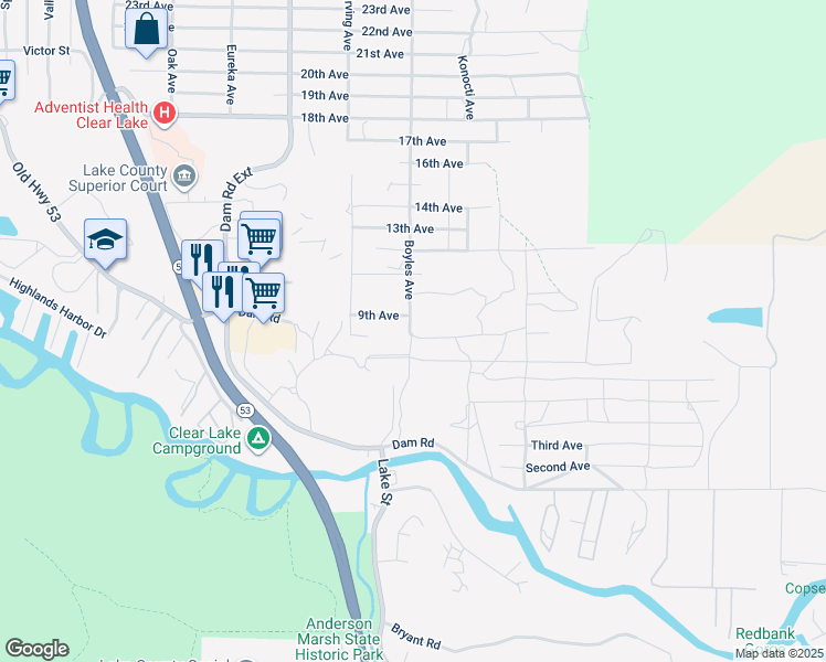 map of restaurants, bars, coffee shops, grocery stores, and more near 16126 8th Avenue in Clearlake