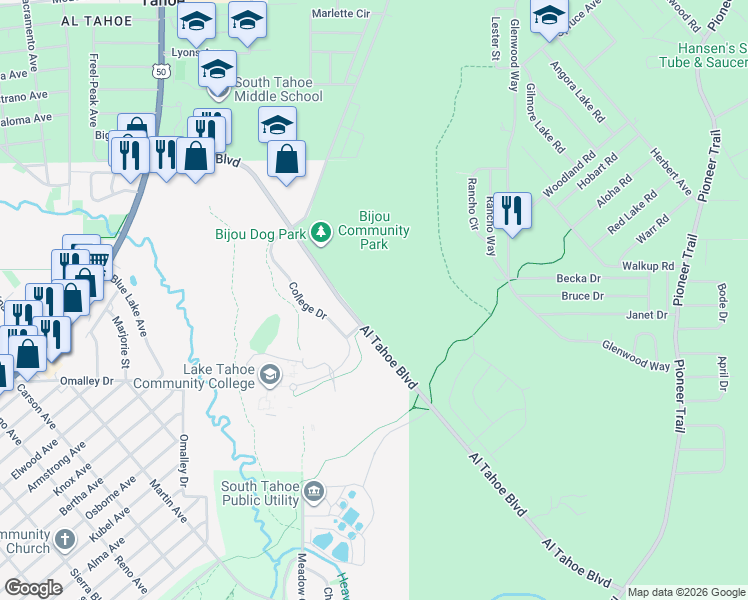 map of restaurants, bars, coffee shops, grocery stores, and more near 1301 Al Tahoe Boulevard in South Lake Tahoe