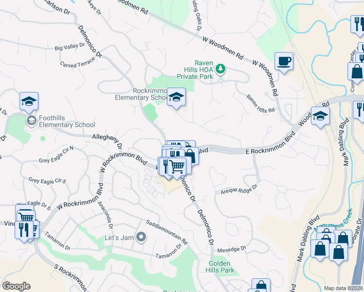 map of restaurants, bars, coffee shops, grocery stores, and more near 140 West Rockrimmon Boulevard in Colorado Springs
