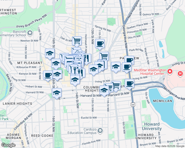 map of restaurants, bars, coffee shops, grocery stores, and more near 13th St NW & Kenyon St NW in Washington