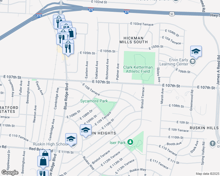 map of restaurants, bars, coffee shops, grocery stores, and more near 7506 East 108th Street in Kansas City