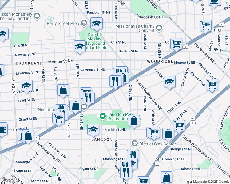 map of restaurants, bars, coffee shops, grocery stores, and more near 2111 Rhode Island Avenue Northeast in Washington