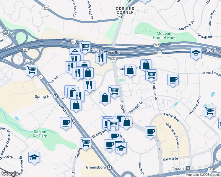 map of restaurants, bars, coffee shops, grocery stores, and more near 8380 Greensboro Drive in McLean