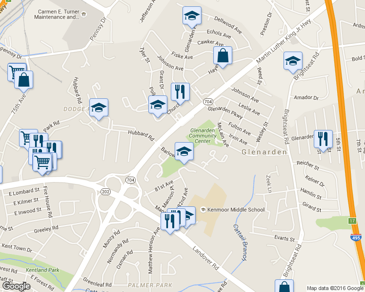map of restaurants, bars, coffee shops, grocery stores, and more near 2909 Mueserbush Court in Glenarden