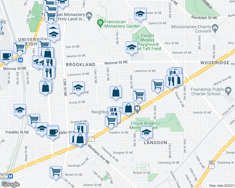 map of restaurants, bars, coffee shops, grocery stores, and more near 1606 Fort Place Northeast in Washington
