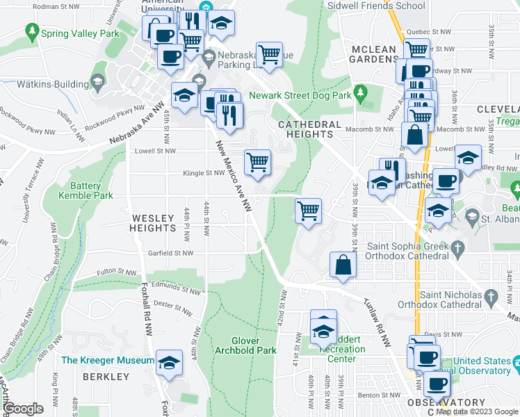 map of restaurants, bars, coffee shops, grocery stores, and more near 4200 Cathedral Avenue Northwest in Washington